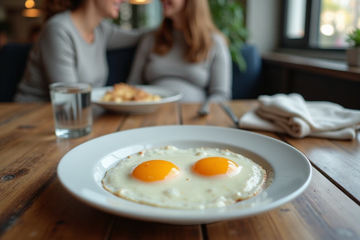 Oeufs sunnysideup sur assiette en café avec femme et amie