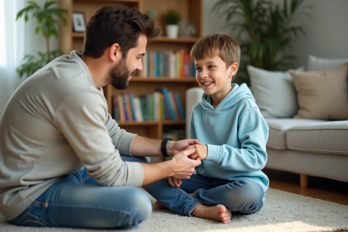 Pere appliquant une lotion a son fils dans le salon