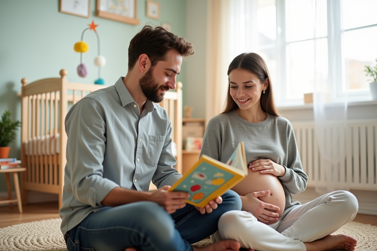 Homme lisant un livre pour enfants à sa partenaire enceinte