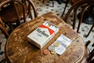 Paquet de Marlboro Light posé sur une table de café parisien avec des pièces en euros et un ticket de caisse, illustrant le prix du tabac en France