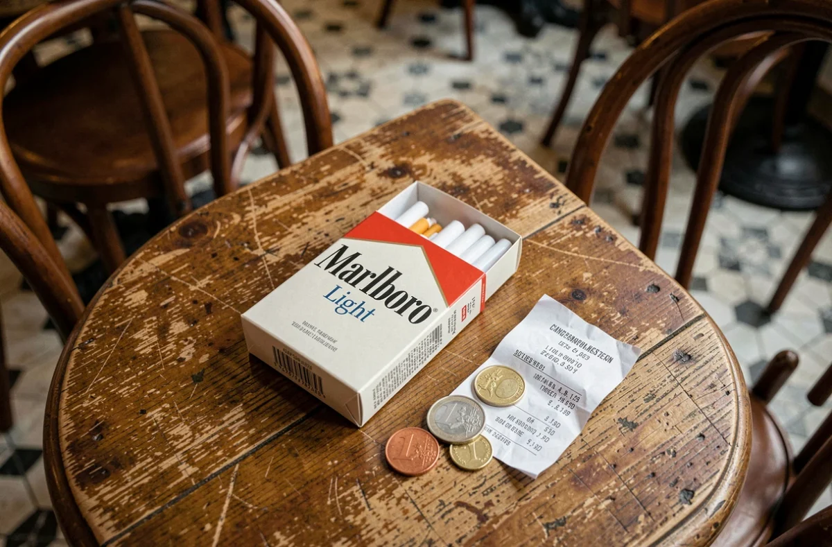 Paquet de Marlboro Light posé sur une table de café parisien avec des pièces en euros et un ticket de caisse, illustrant le prix du tabac en France