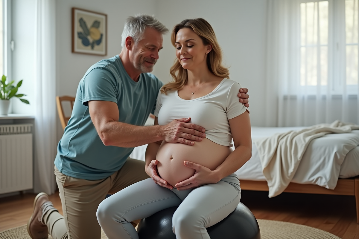 Partenaire aidant une femme enceinte lors d
