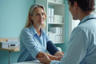 Femme d'âge moyen lors d'une prise de tension en consultation