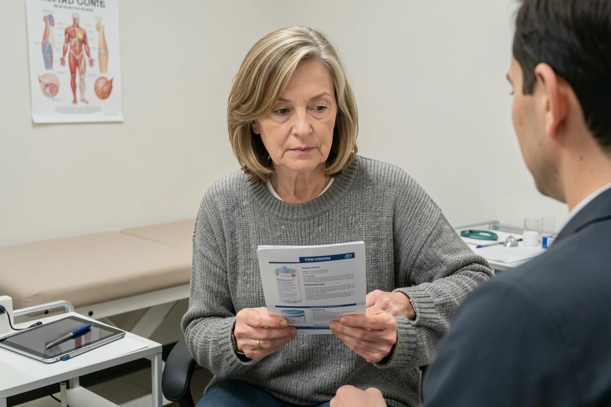 Patiente lisant une brochure d'information médicale officielle lors d'une consultation sur le GCA 2700