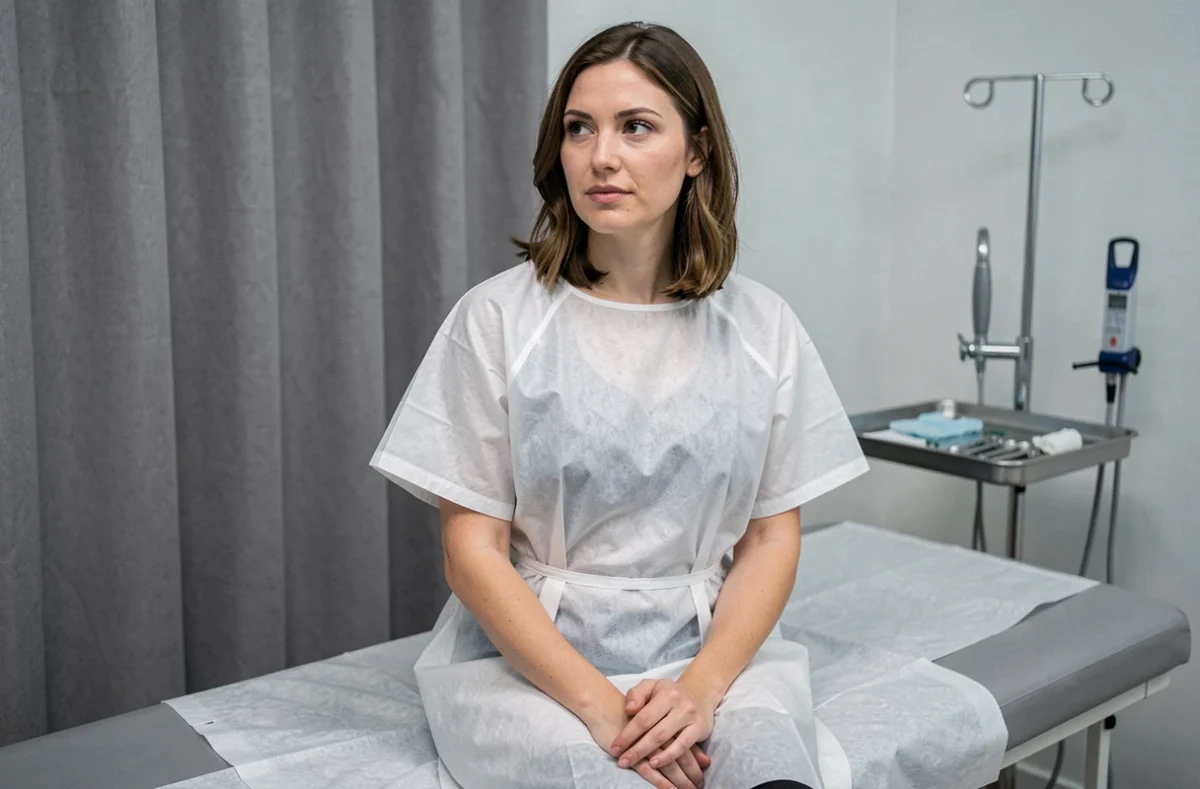 Femme sereine assise sur une table d'examen gynécologique avant le retrait de son stérilet