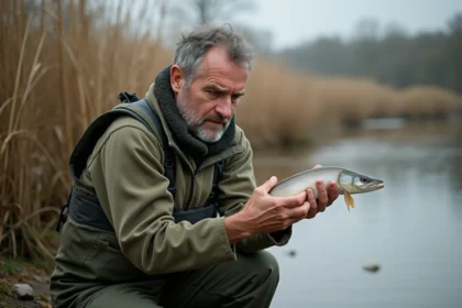 Pêcheur examinant sa main après une morsure de brochet au bord de la rivière