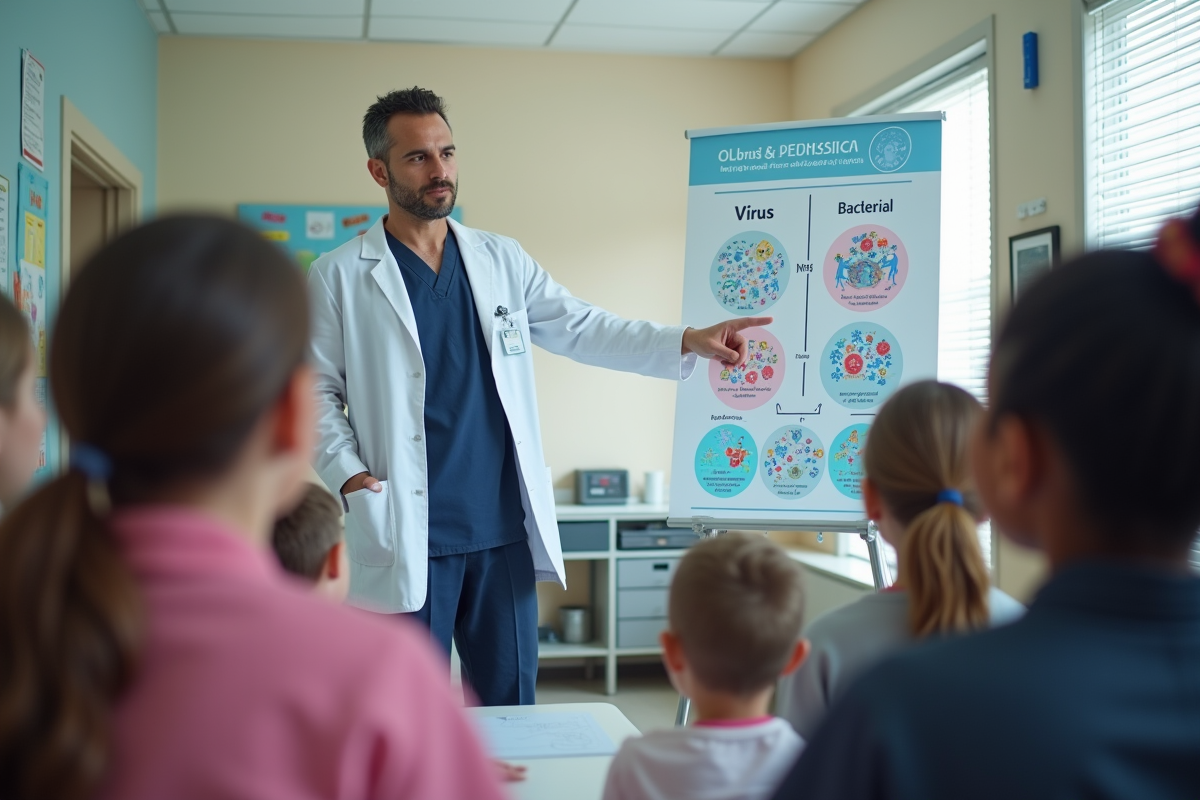 Pediatre expliquant la difference entre virus et bacteria