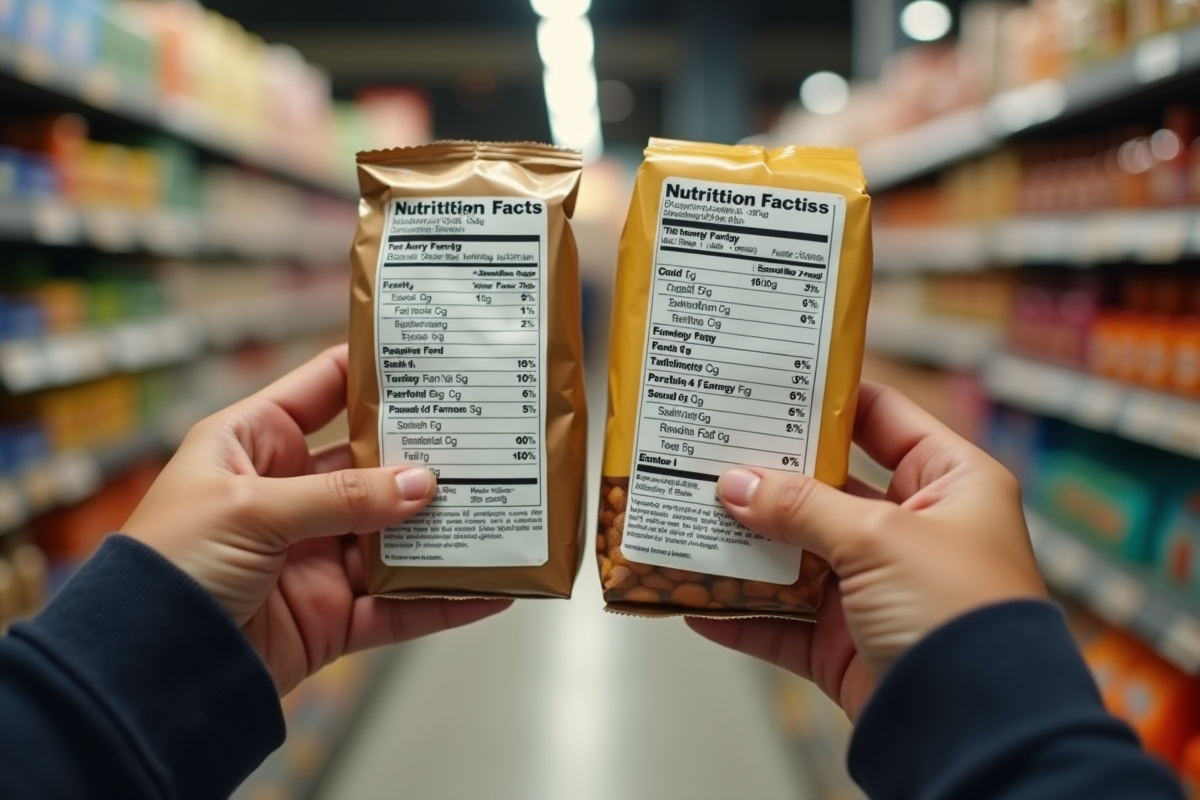 Personne examinant deux étiquettes nutritionnelles côte à côte