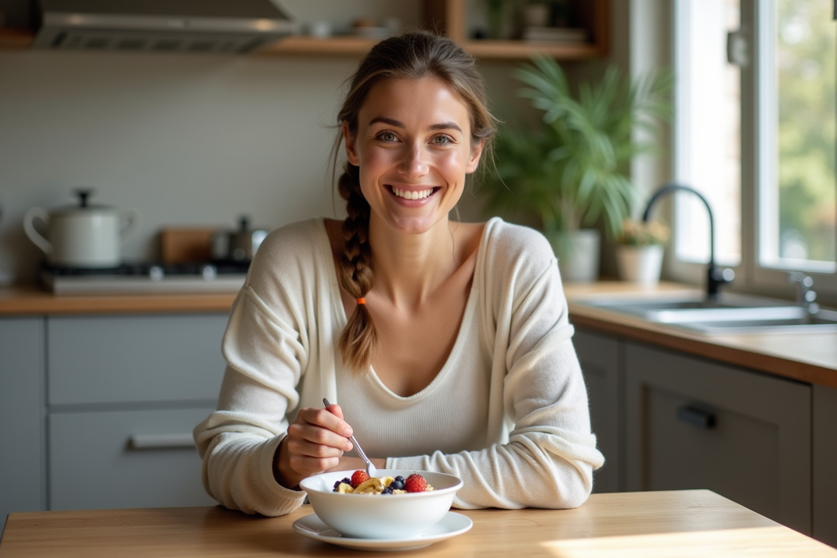 Femme souriante mangeant un bol de flocons et fruits au petit déjeuner