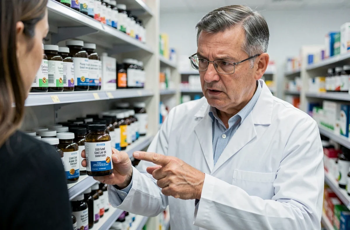 Pharmacien en blouse blanche expliquant les dangers du surdosage en huile de foie de morue à un client dans une pharmacie