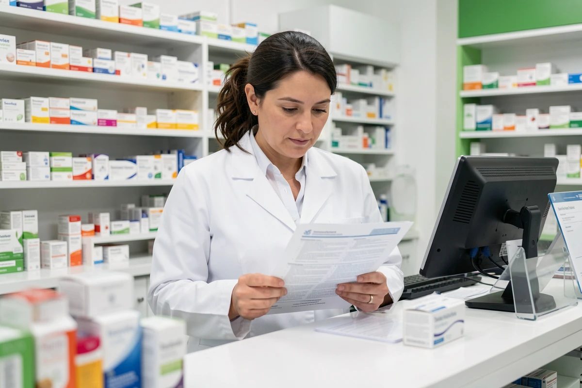 Pharmacienne lisant une fiche de recommandation médicale officielle en officine pour le GCA 2700