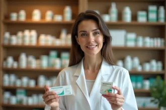 Pharmacienne tenant des boîtes de probiotiques ULTRA Levure et d'antibiotiques au comptoir d'une pharmacie