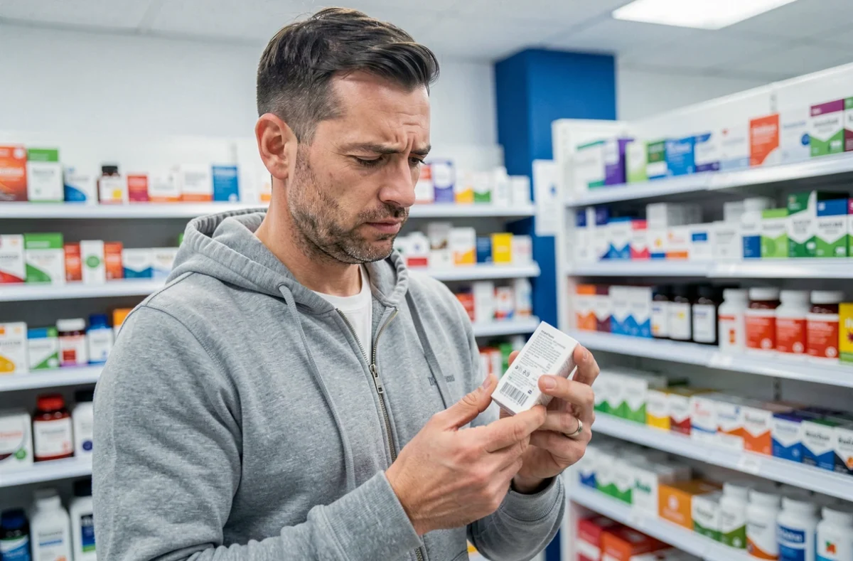 Homme lisant l'étiquette d'une boîte de pilules minceur dans une pharmacie moderne