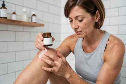 Femme appliquant une pommade pour les articulations sur son genou dans une salle de bain moderne