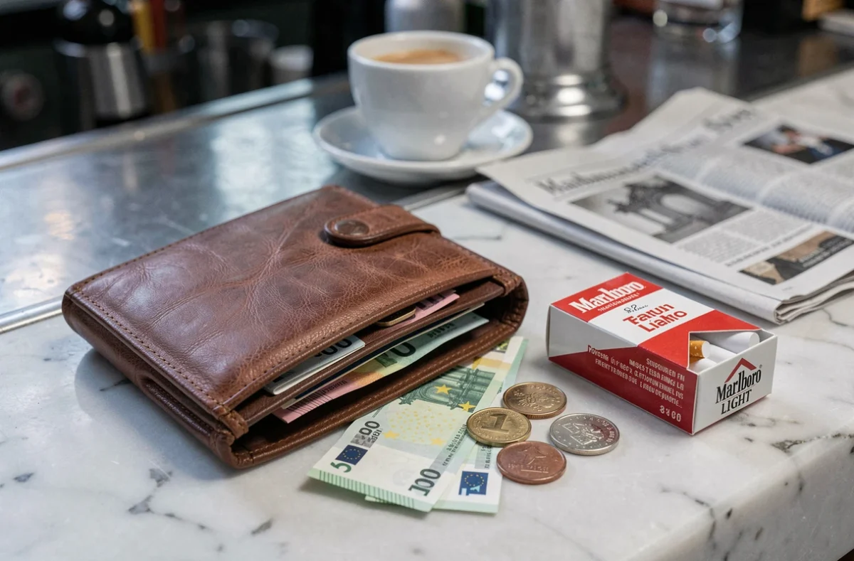 Portefeuille ouvert avec billets et pièces en euros à côté d'un paquet de Marlboro Light sur un comptoir de café, symbolisant l'évolution du prix du tabac en France