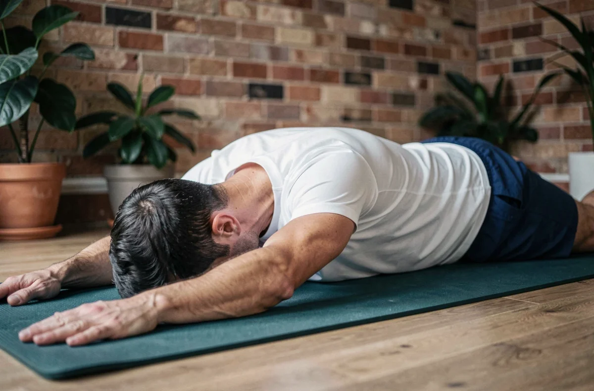Homme en posture de l'enfant sur tapis de yoga pour détendre le bas du dos