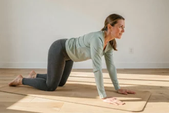 Femme pratiquant la posture chat-vache sur tapis de yoga pour soulager les douleurs lombaires