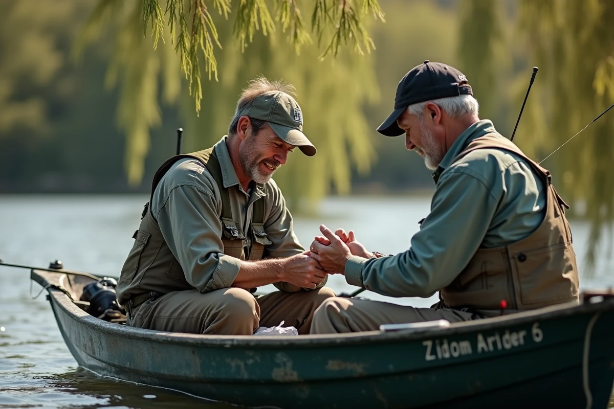 Guide de pêche prodiguant les premiers soins après une morsure de brochet dans un bateau