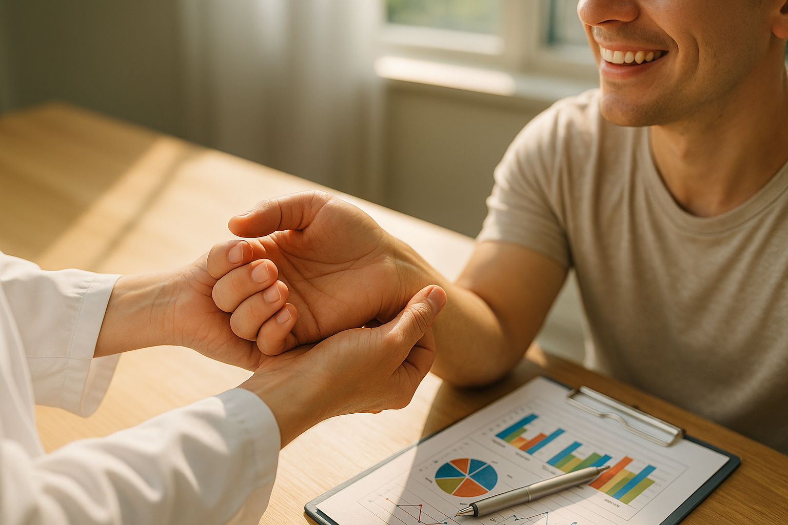 Gros plan de deux mains un supporte le poignet d un patient souriant