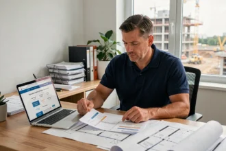 Professionnel du bâtiment comparant des offres d'assurance décennale sur son bureau avec des documents et un ordinateur portable