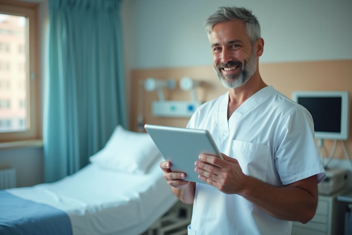 Professionnel de santé utilisant une tablette pour saisir des transmissions infirmières dans NETSoins