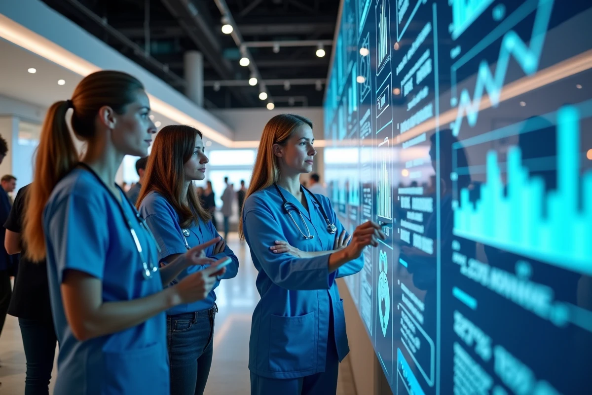 Professionnels de santé divers interagissant avec un écran numérique