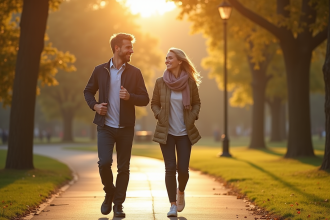 Homme et femme marchant dans un parc au matin