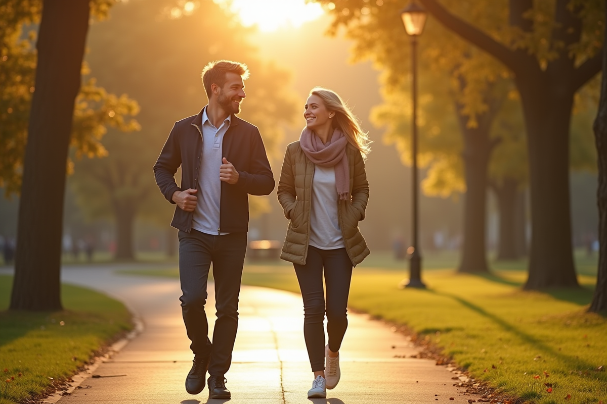 Homme et femme marchant dans un parc au matin