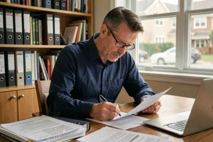 Propriétaire immobilier analysant un contrat d'assurance loyer impayé à son bureau à domicile