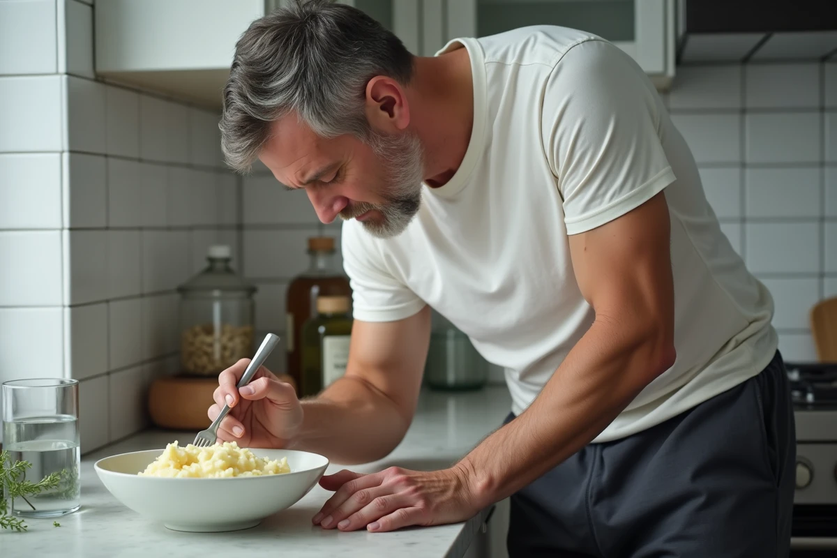 Homme épuisé préparant une purée de pommes de terre après une extraction de dent dans une cuisine moderne