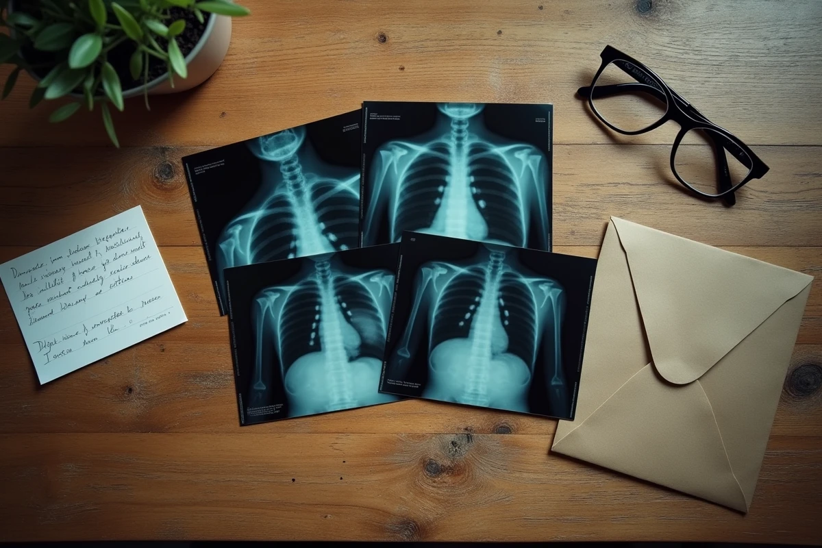 Anciennes radiographies médicales posées sur une table en bois, illustrant la question du tri et du recyclage de ces déchets spéciaux