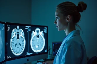 Radiologue examinant des hypersignaux IRM sur un écran de diagnostic en salle de lecture médicale