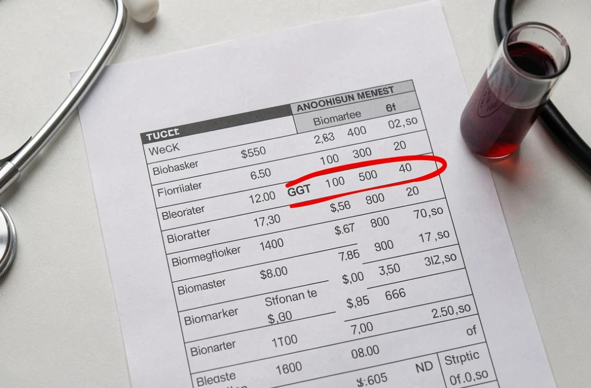 Résultats d'analyse sanguine avec un taux de GGT élevé cerclé en rouge sur un rapport médical de laboratoire, posé sur un plan de travail clinique