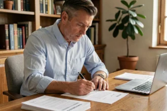 Homme rédigeant une lettre de remboursement d'assurance emprunteur à son bureau avec des documents d'assurance