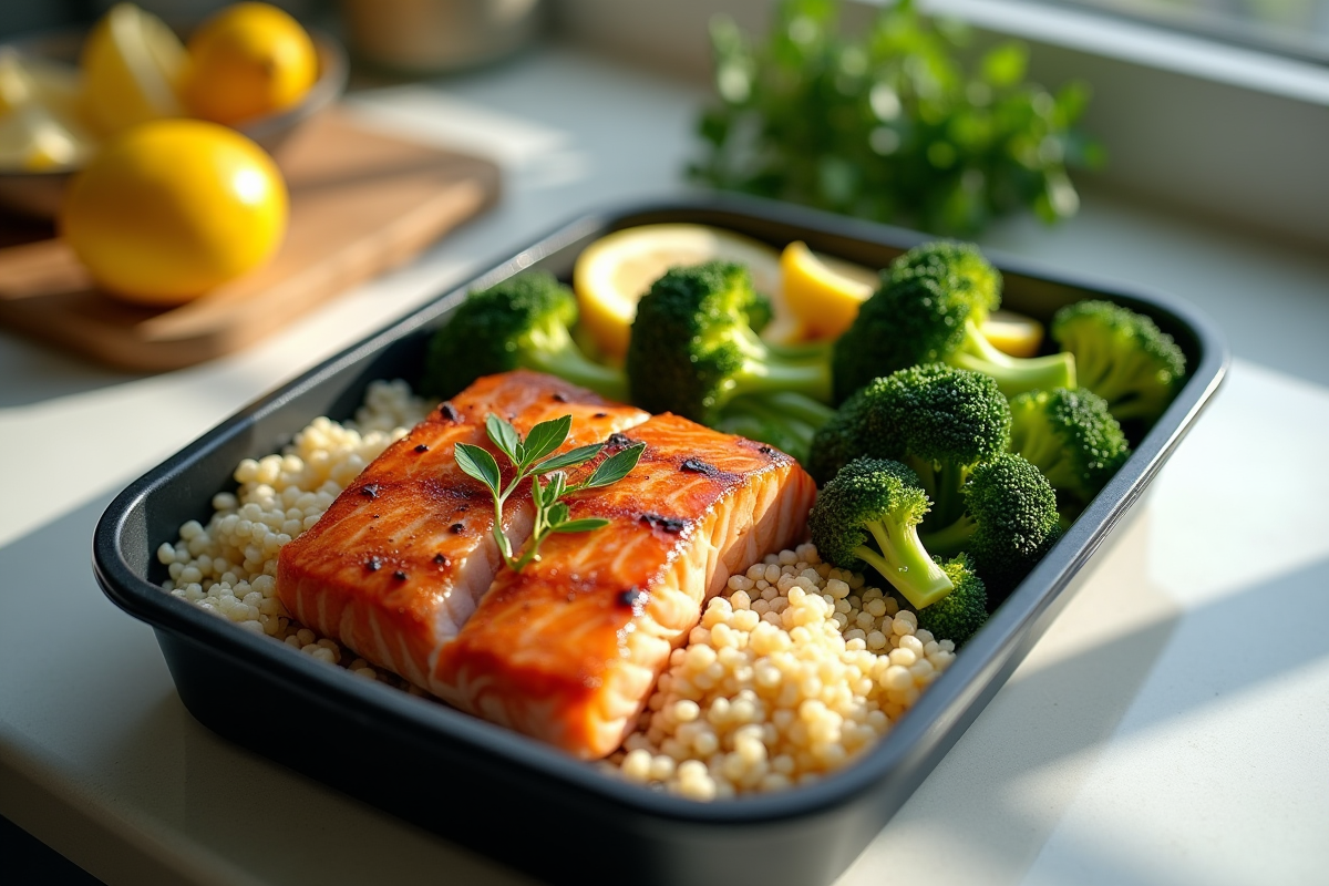 Repas sain avec saumon quinoa et brocolis vapeur