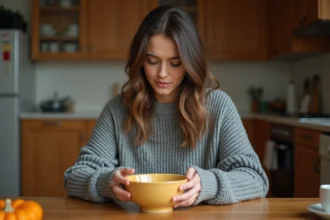 Femme fatiguée tenant un bol de soupe veloutée au potiron après une extraction dentaire, assise dans une cuisine chaleureuse