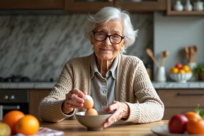 Femme âgée préparant un œuf dans la cuisine chaleureuse
