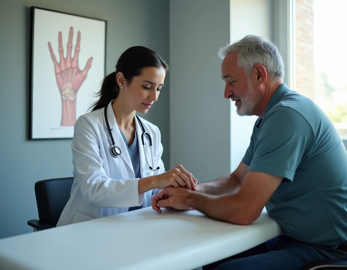Femme rhumatologue examinant les articulations du poignet d'un patient dans un cabinet médical à Nîmes
