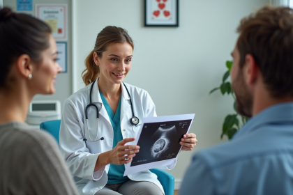 Obstetricienne souriante avec couple en consultation