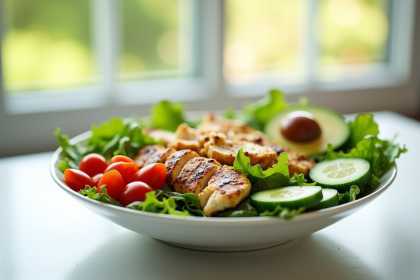 Salade colorée avec poulet grillé avocat et tomates cerises