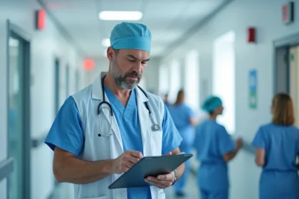 Chirurgien en blouse blanche tenant un dossier médical dans un couloir d'hôpital moderne, illustrant la profession et le salaire du chirurgien