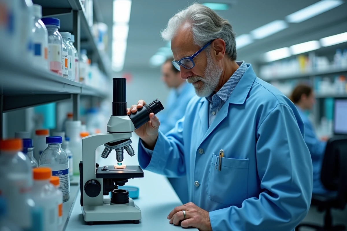 Scientifique observe un echantillon au microscope en laboratoire