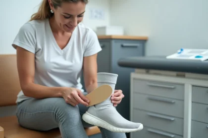 Femme insérant une semelle orthopédique bon marché dans une chaussure de sport pour soulager une épine calcanéenne