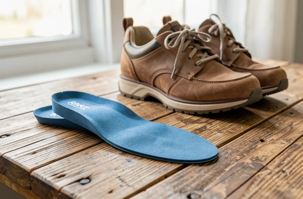 Semelles orthopédiques de décharge posées à côté de chaussures de marche