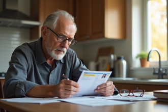 Senior vérifiant son permis de conduire à la maison
