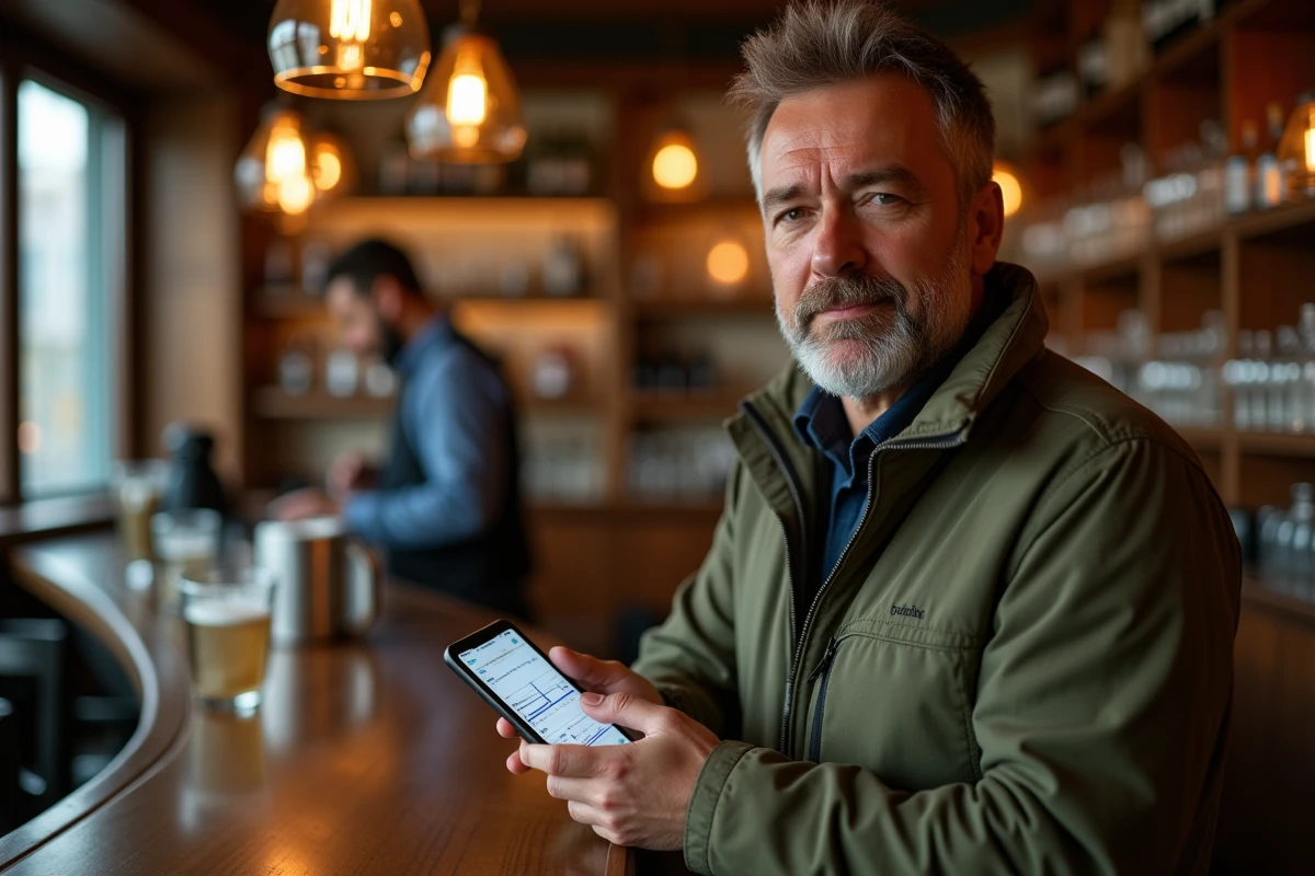 Homme consultant un simulateur d'alcoolémie 2026 au comptoir d'un bar restaurant