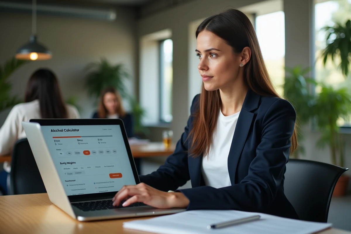 Femme analysant les nouvelles fonctionnalités d'un simulateur d'alcool sur ordinateur portable au bureau