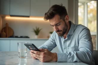 Homme utilisant un simulateur d'alcoolémie sur smartphone dans une cuisine moderne en 2026