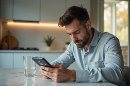 Homme utilisant un simulateur d'alcoolémie sur smartphone dans une cuisine moderne en 2026