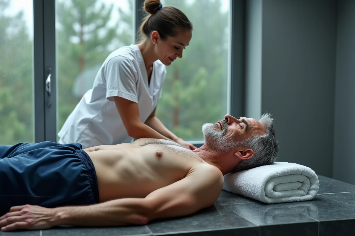 Homme recevant un soin hydrothérapie au dos dans un centre thermal de montagne spécialisé en rhumatologie, salle de soins moderne avec vue sur les pins alpins